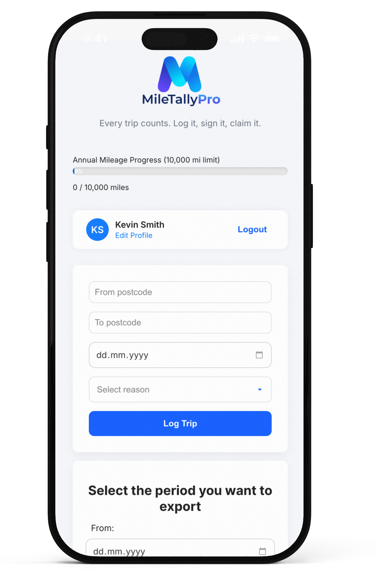 MileTallyPro mileage tracker app mockup on iPhone