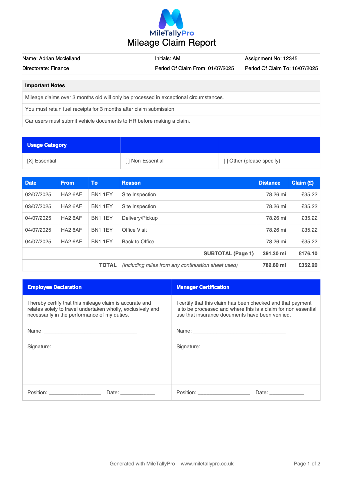HMRC mileage claim PDF report generated by MileTallyPro