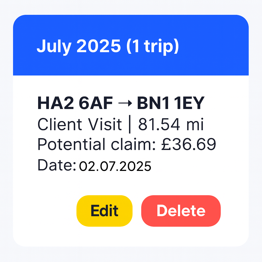 Mileage trip log history view in MileTallyPro