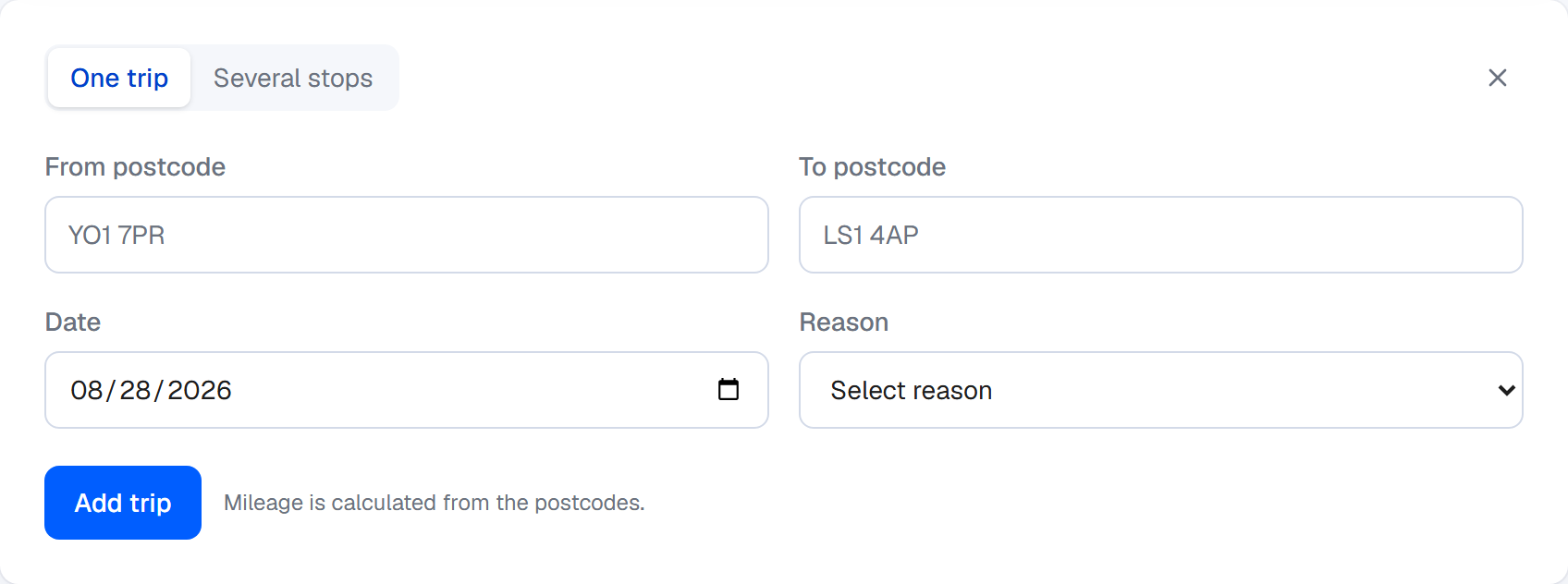Logging a trip by start and end postcode in MileTallyPro