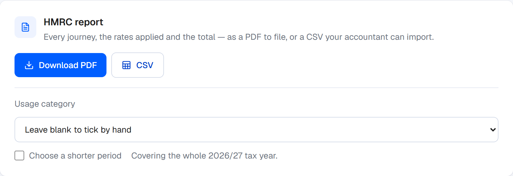 Downloading an HMRC-ready mileage report as PDF or CSV
