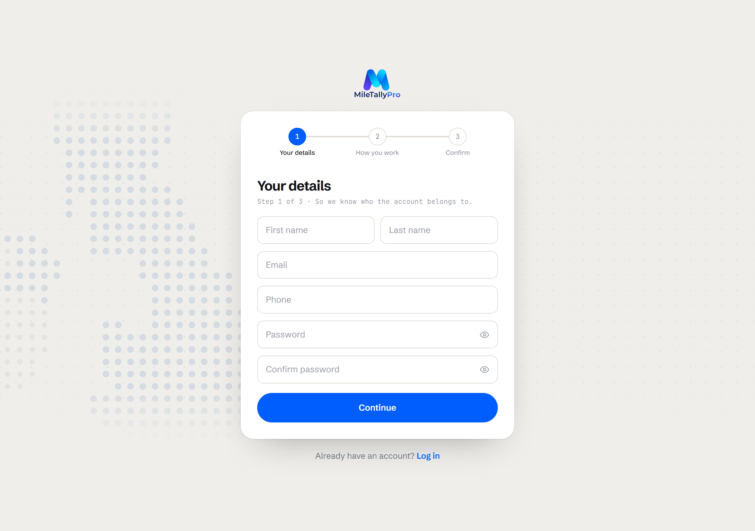 The MileTallyPro signup form, with employment status and plan choice